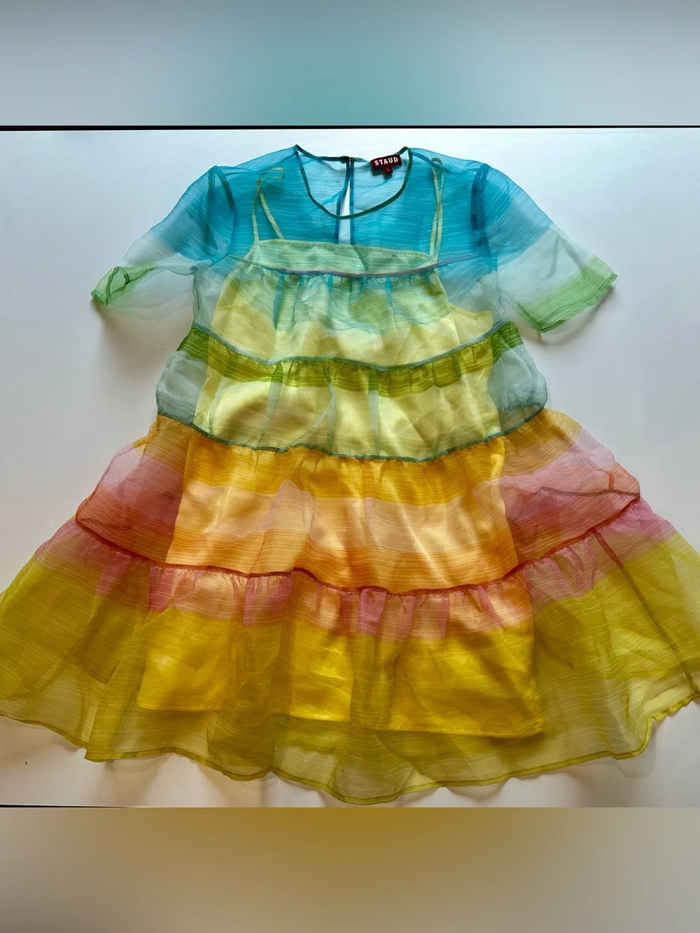 STAUD Rainbow Organza Tiered Mini Dress w/ Detachable Slip Size S
